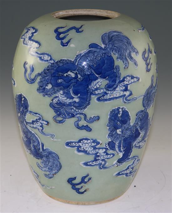 A Chinese celadon glazed ovoid jar, 18th/19th century, 28cm, cover lacking